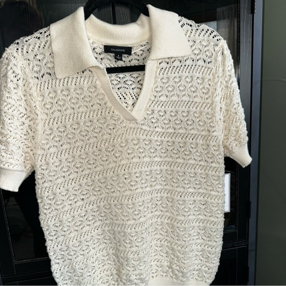NWT Calligraphe by Anthropologie short-sleeve, cream crochet polo sweater Sz XL